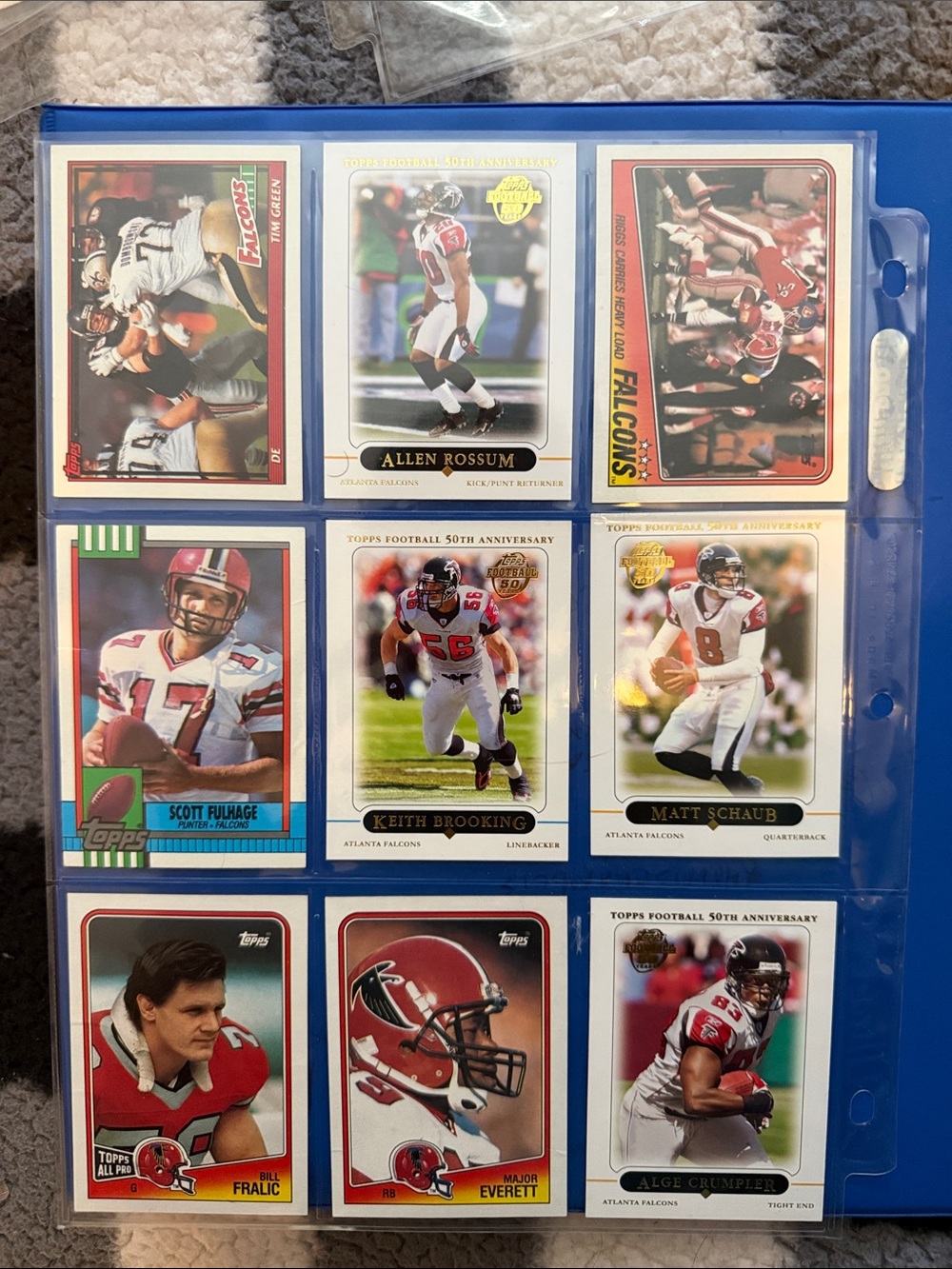 Topps Falcons Card Page in Blue Binder Sleeve with Red Accents